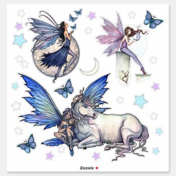 Fairies And Unicorn Stars Moon Fantasy Art Sticker by robmolily at Zazzle