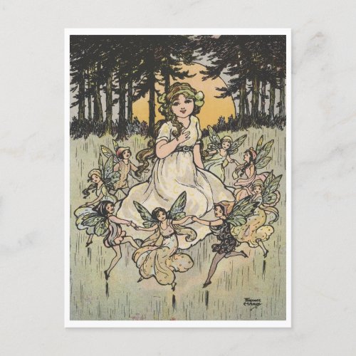 Fairies Dancing Around a Girl Vintage  Postcard