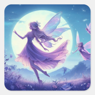 Fairies dancing in a moonlit meadow. square sticker