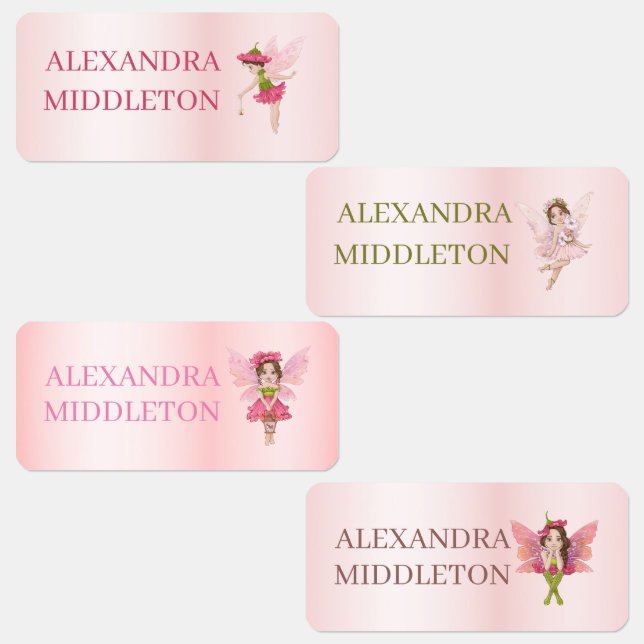 Fairies Dark Hair School Name Pink  Kids' Labels (Group)