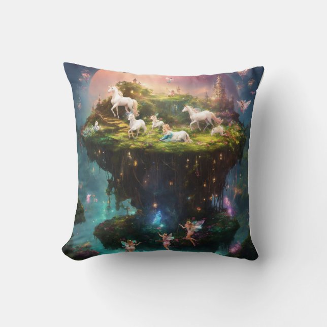Fairies evolve on a floating island with unicorns  throw pillow (Front)