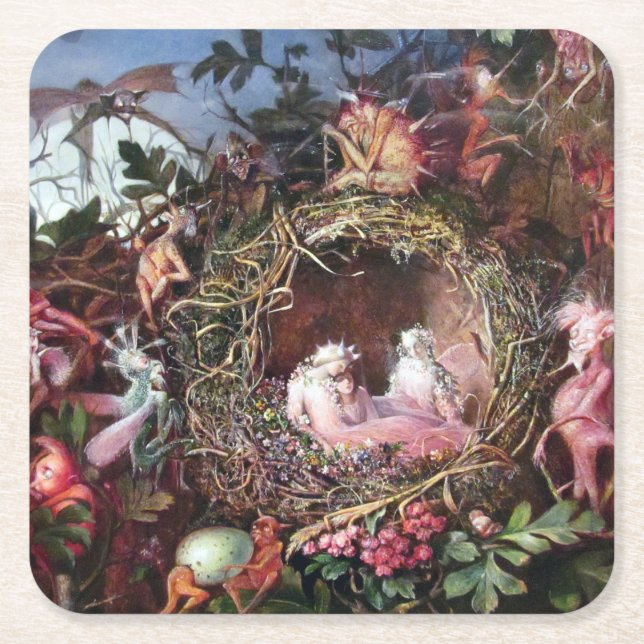 Fairies in a Birds Nest, John Anster Fitzgerald Square Paper Coaster (Front)
