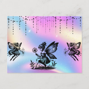  fairies in magical holographic fantasy postcard
