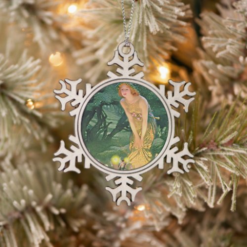 Fairies in the Moonlight Snowflake Pewter Christmas Ornament