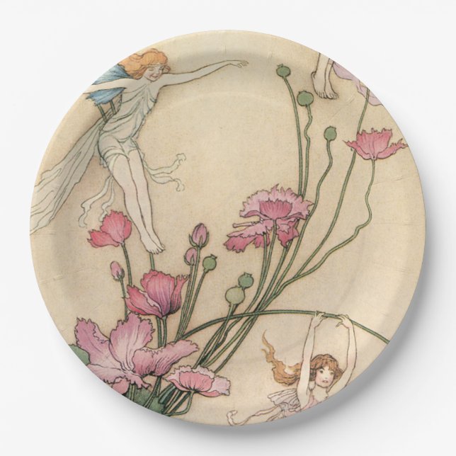 Fairies Jumping on Flowers Paper Plates (Front)