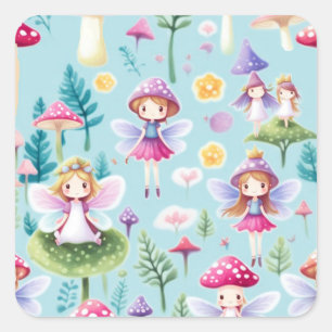 Fairies ,leaves and mushrooms land square sticker