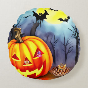 Fairies like Halloween too Round Pillow