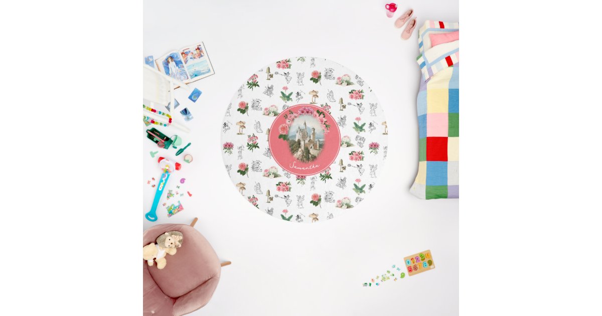 Fairy Rug Round Fairies Pink Floral Fairy Castle Girl Nursery Outdoor Rug | Zazzle