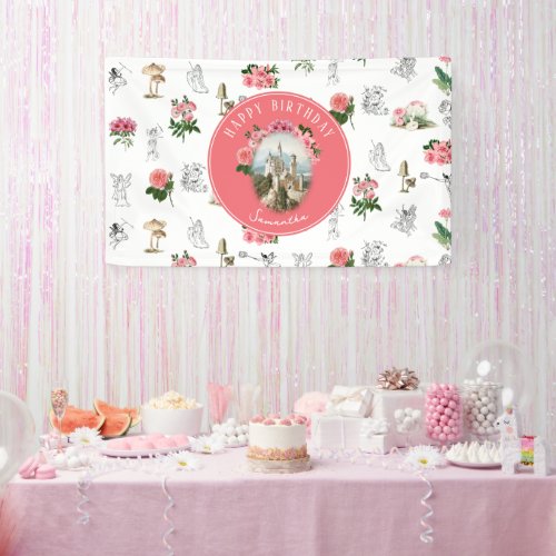 Fairies Pink Floral Mushroom Fairy Castle Birthday Banner
