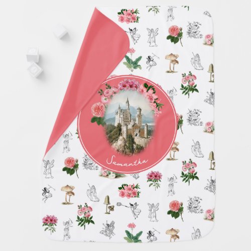 Fairies Pink Floral Mushroom Fairy Castle Monogram Baby Blanket