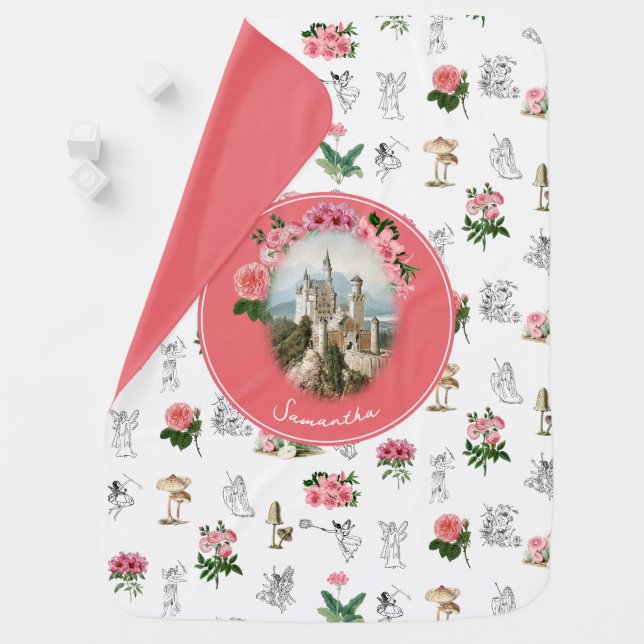 Fairies Pink Floral Mushroom Fairy Castle Monogram Baby Blanket (In Situ)