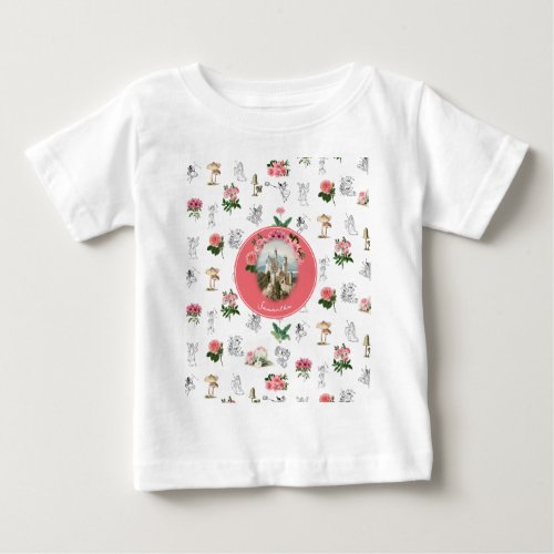Fairies Pink Floral Mushroom Fairy Castle Monogram Baby T_Shirt