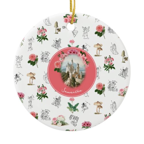 Fairies Pink Floral Mushroom Fairy Castle Monogram Ceramic Ornament