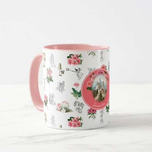 Fairies Pink Floral Mushroom Fairy Castle Monogram Mug