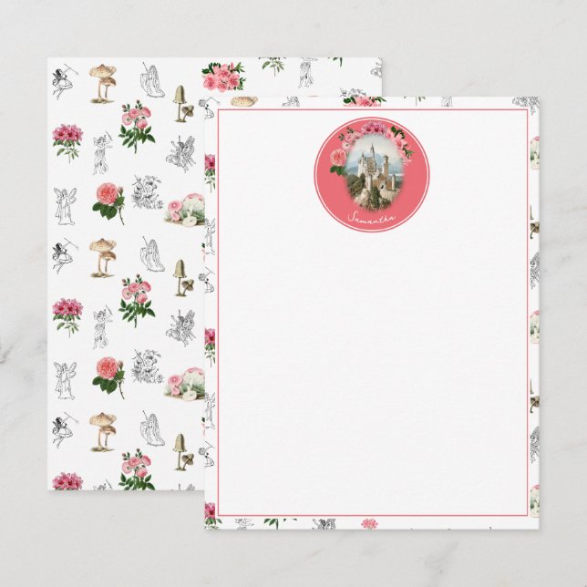 Fairies Pink Floral Mushroom Fairy Castle Monogram Note Card (Front/Back)