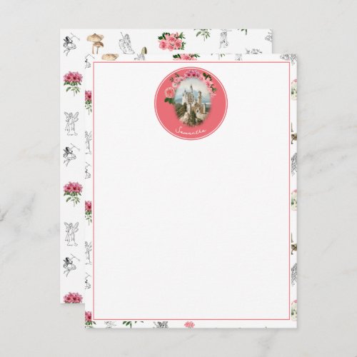 Fairies Pink Floral Mushroom Fairy Castle Monogram Note Card