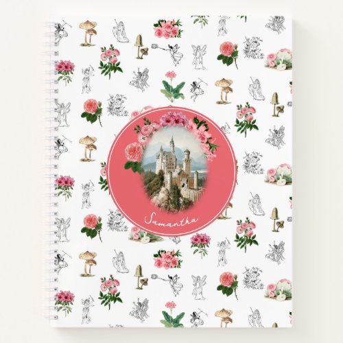 Fairies Pink Floral Mushroom Fairy Castle Monogram Notebook