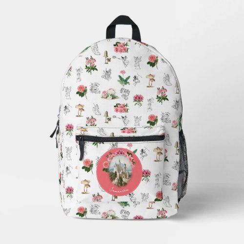 Fairies Pink Floral Mushroom Fairy Castle Monogram Printed Backpack