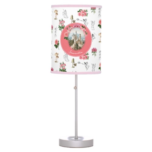 Fairies Pink Floral Mushroom Fairy Castle Monogram Table Lamp
