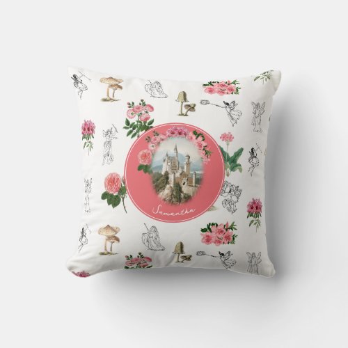 Fairies Pink Floral Mushroom Fairy Castle Monogram Throw Pillow
