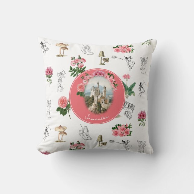 Fairies Pink Floral Mushroom Fairy Castle Monogram Throw Pillow (Front)