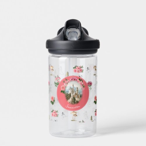 Fairies Pink Floral Mushroom Fairy Castle Monogram Water Bottle