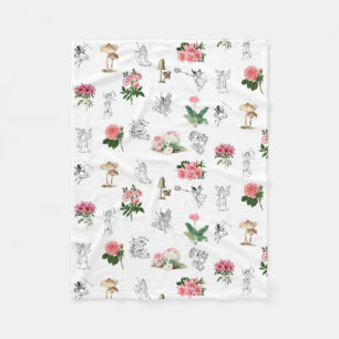 Fairies Pink Floral & Mushroom Fairy Pattern Fleece Blanket