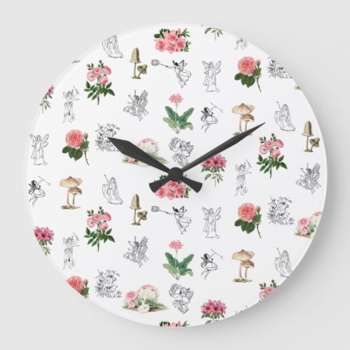 Fairies Pink Floral  Mushroom Fairy Pattern Large Clock