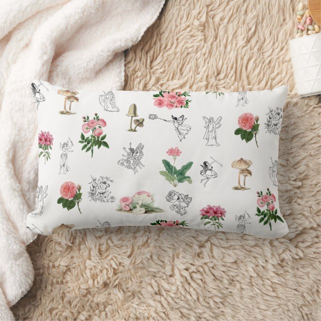 Fairies Pink Floral & Mushroom Fairy Pattern Lumbar Pillow (Blanket)