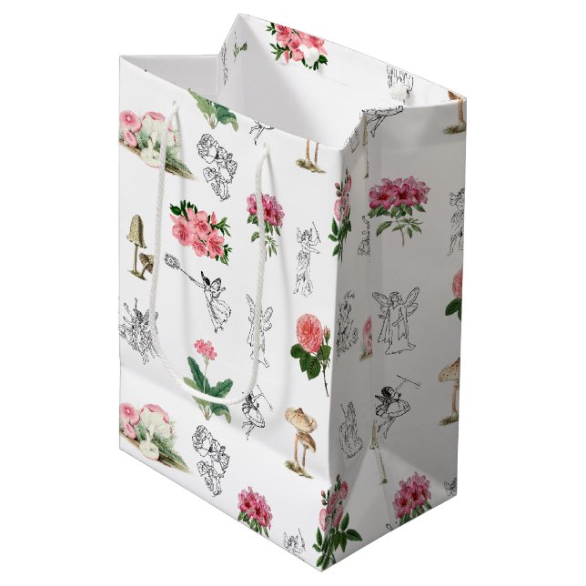 Fairies Pink Floral & Mushroom Fairy Pattern Medium Gift Bag (Front Angled)