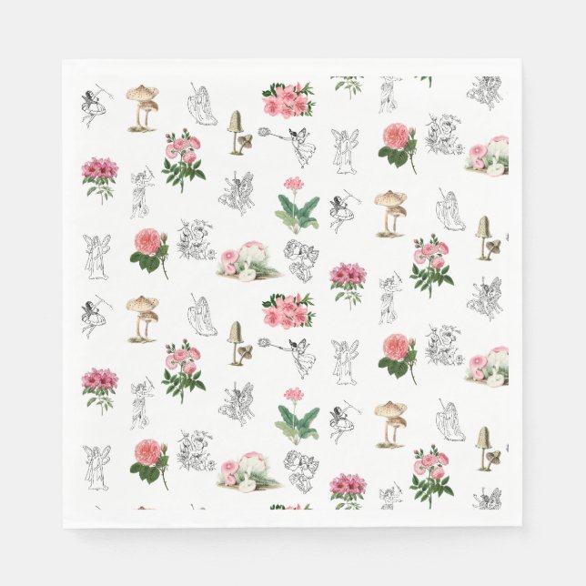 Fairies Pink Floral & Mushroom Fairy Pattern Napkins (Front)