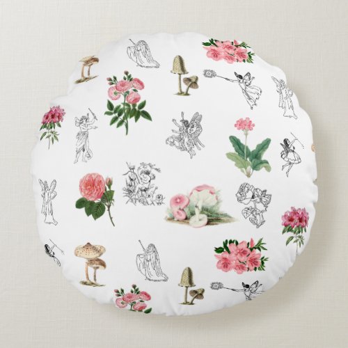 Fairies Pink Floral  Mushroom Fairy Pattern Round Pillow