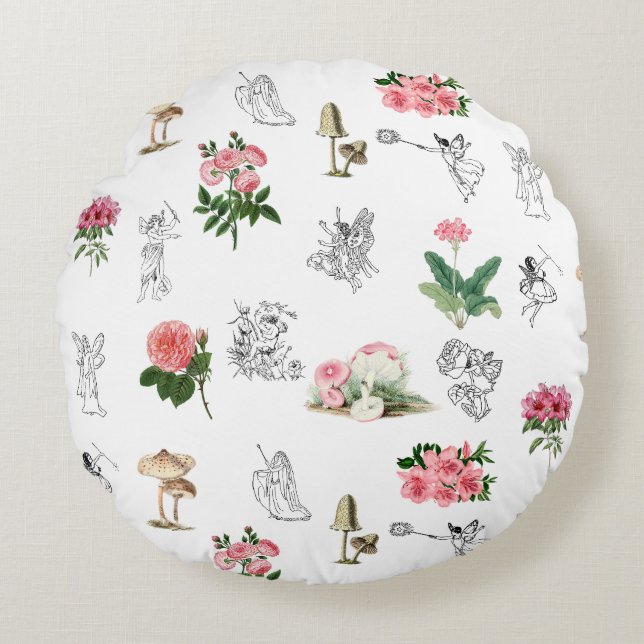 Fairies Pink Floral & Mushroom Fairy Pattern Round Pillow (Front)