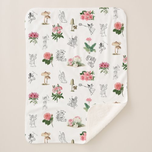 Fairies Pink Floral  Mushroom Fairy Pattern Sherpa Blanket
