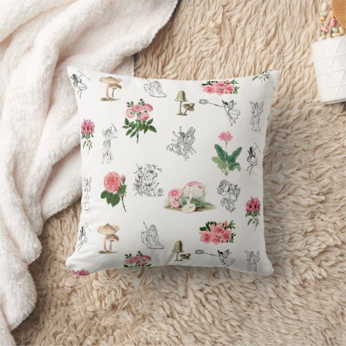 Fairies Pink Floral  Mushroom Fairy Pattern Throw Pillow
