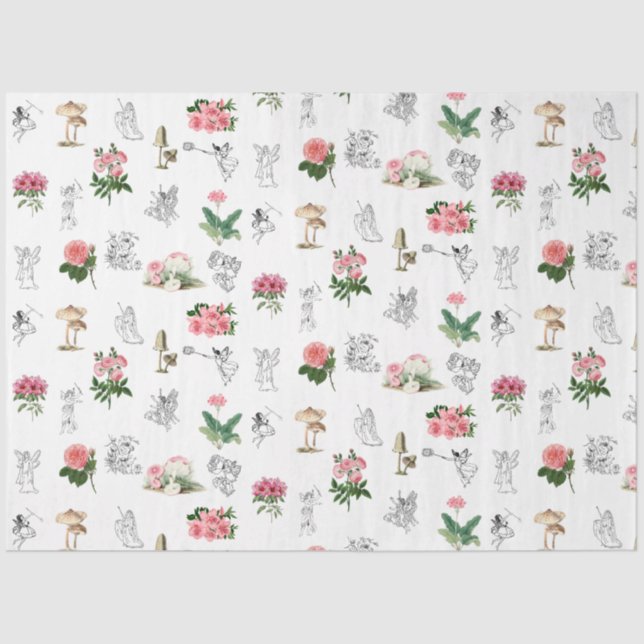 Fairies Pink Floral & Mushroom Fairy Pattern Tissue Paper (Front)