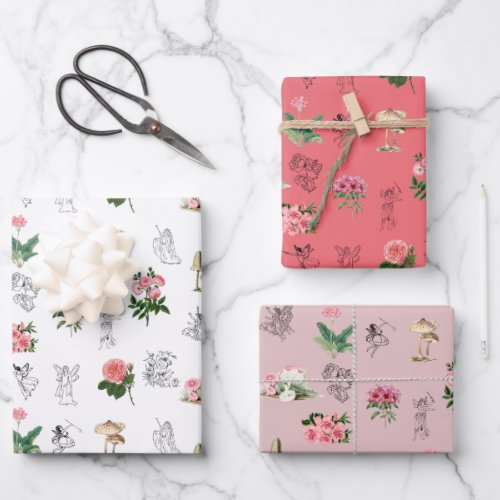 Fairies Pink Floral  Mushroom Fairy Pattern Wrapping Paper Sheets