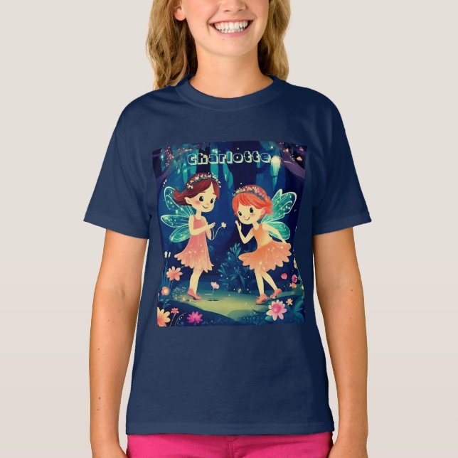 Fairies Playing In The Enchanted Forest Girls Navy T-Shirt (Front)