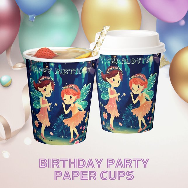 Fairies Playing In The Enchanted Forest Name Paper Cups (Front And Back)
