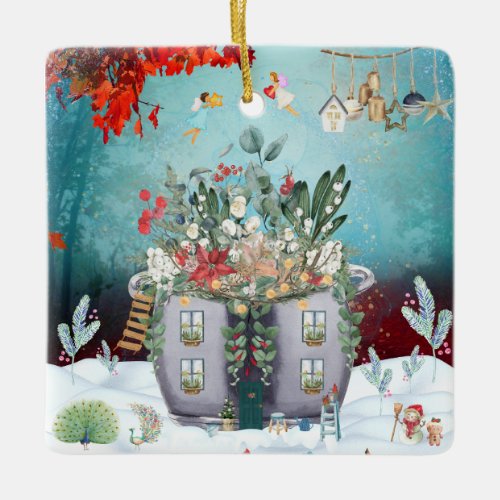 Fairies Sharing Gifts Over A Decorated Cooking Pot Ceramic Ornament