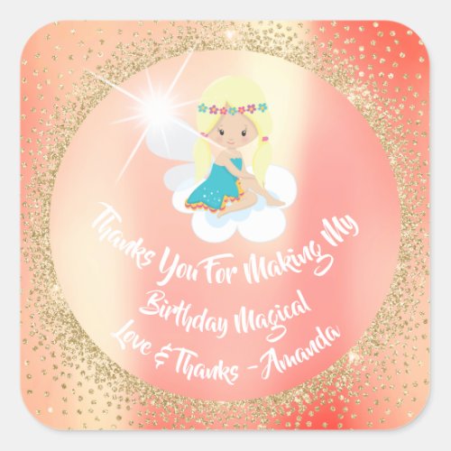 Fairly Unicorn Thanks Favor Coral Spark Glitter Square Sticker