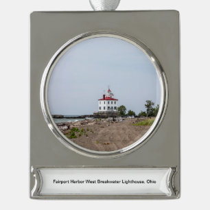 Fairport Harbor West Breakwater Lighthouse Silver Plated Banner Ornament