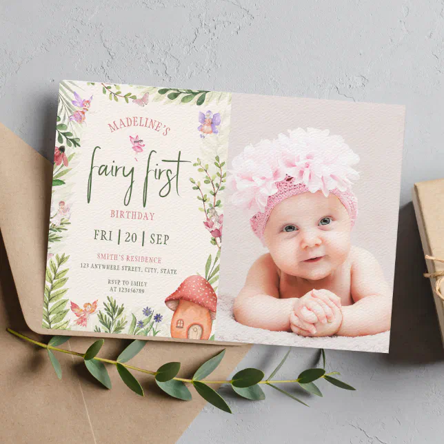 Fairy 1st Birthday Forest Mushroom Greenery Photo Invitation | Zazzle