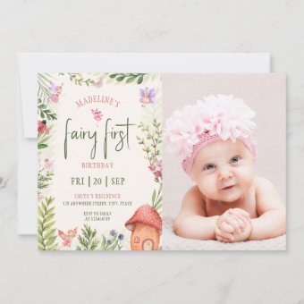 Fairy 1st Birthday Forest Mushroom Greenery Photo Invitation | Zazzle