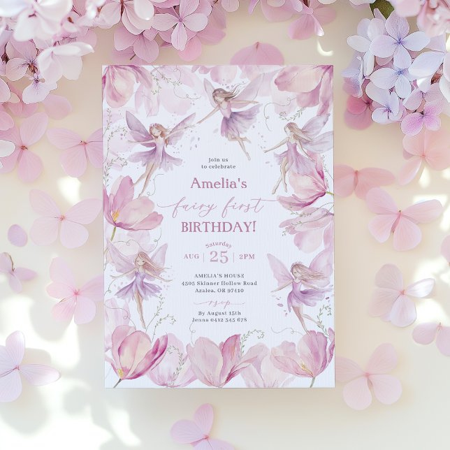 Fairy 1st Birthday Girls Fairy Party Pink Purple  Invitation (Pink and Purple Fairy First Birthday Invitation)