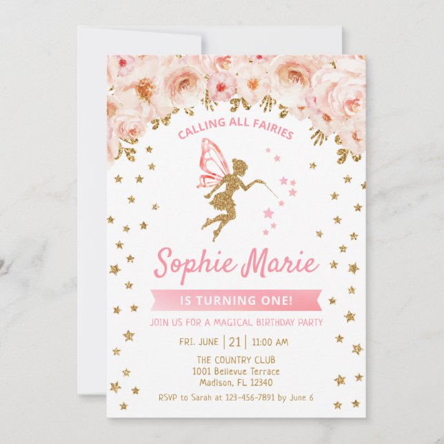 Fairy 1st Birthday - Gold Pink Invitation (Front)