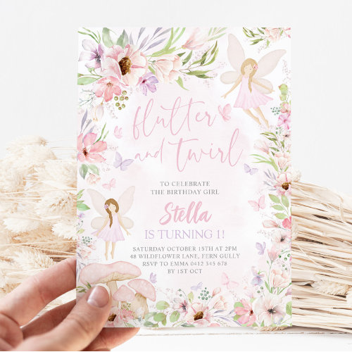 Fairy 1st Birthday Invitation Flutter & Twirl Pink