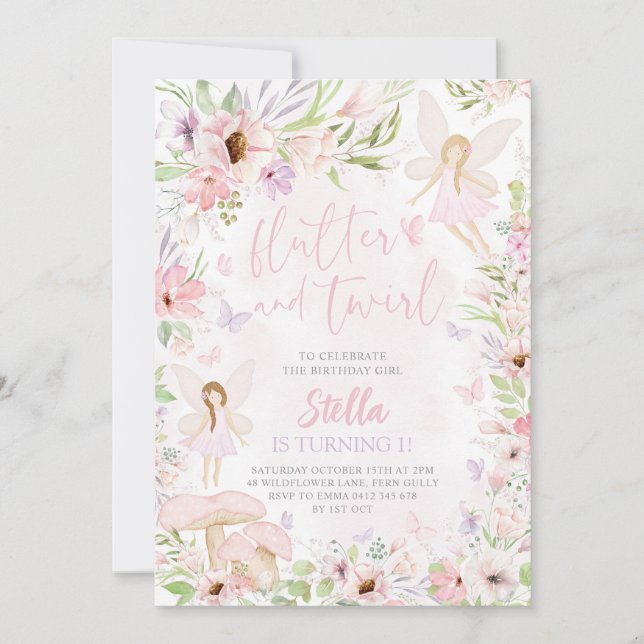 Fairy 1st Birthday Invitation Flutter & Twirl Pink (Front)