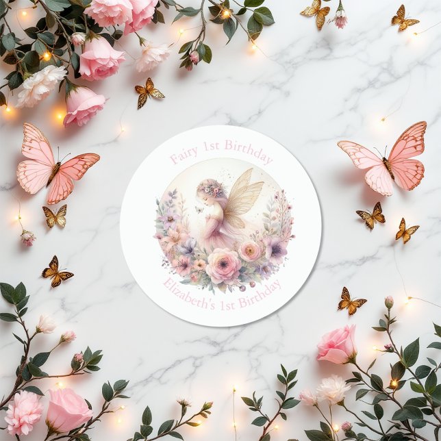 Fairy 1st Birthday Party Favor Classic Round Sticker (Creator Uploaded)