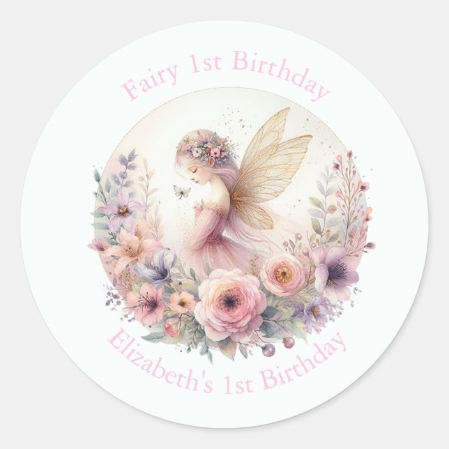 Fairy 1st Birthday Party Favor Classic Round Sticker (Front)